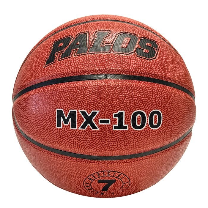 Traditional brown basketball with large black text on 3 front panels - Palos MX-100 Official Size 7 Traditional brown basketball with large black text on 3 front panels - Palos MX-100 Official Size 7