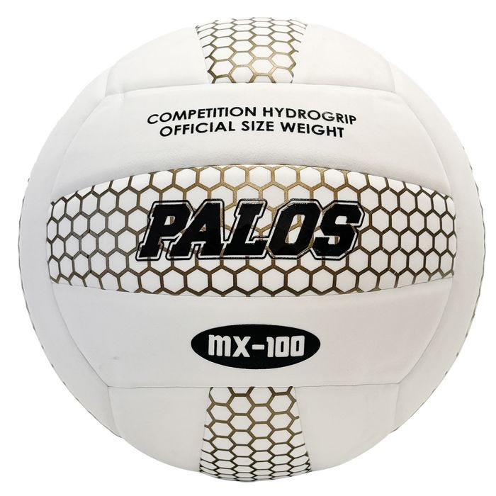White 18-panel volleyball with gold honeycomb pattern on 6 panels. Black print 3 front panels - Competition hydrogrip official size weight; Palos MX-100. White 18-panel volleyball with gold honeycomb pattern on 6 panels. Black print 3 front panels - Competition hydrogrip official size weight; Palos MX-100.