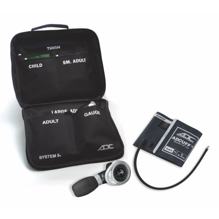 The System 5+ Portable 5 Cuff Sphyg with Adcuff+ includes 5 cuffs: child, small adult, adult, large adult, and thigh, heavy-guty 600 denier nylon attaché style case, and a revolutionary palm-style manometer with integral bulb. The System 5+ Portable 5 Cuff Sphyg with Adcuff+ includes 5 cuffs: child, small adult, adult, large adult, and thigh, heavy-guty 600 denier nylon attaché style case, and a revolutionary palm-style manometer with integral bulb.