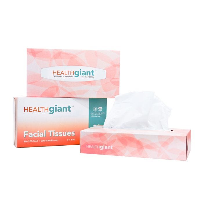 Three Healthgiant facial tissue boxes: one showing the backside, one showing the front side with tearaway flap, and one open box with a tissue pulled out Three Healthgiant facial tissue boxes: one showing the backside, one showing the front side with tearaway flap, and one open box with a tissue pulled out