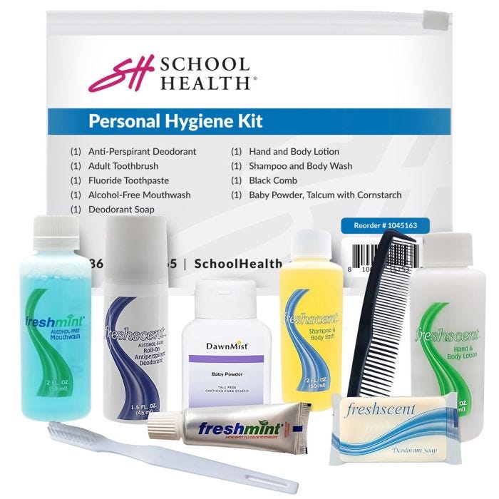 School Health Personal Hygiene Kit in a clear slider pouch. Contains mouthwash, deodorant, toothbrush, toothpaste, baby powder, shampoo & body wash, soap, comb, and lotion. School Health Personal Hygiene Kit in a clear slider pouch. Contains mouthwash, deodorant, toothbrush, toothpaste, baby powder, shampoo & body wash, soap, comb, and lotion.