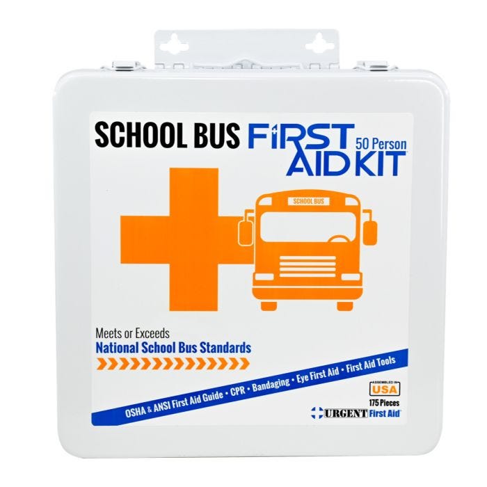 White metal container with big orange plus symbol and bus icon. Title says "School Bus First Aid Kit". White metal container with big orange plus symbol and bus icon. Title says "School Bus First Aid Kit".