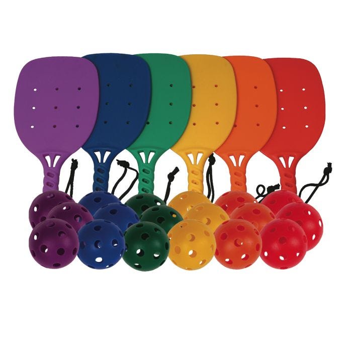 Six plastic paddles with wrist straps in colors purple; blue; green; yellow; orange; and red. Nine small holes in each paddle. Eighteen plastic balls with holes in colors purple; blue; green; yellow; orange and red. Six plastic paddles with wrist straps in colors purple; blue; green; yellow; orange; and red. Nine small holes in each paddle. Eighteen plastic balls with holes in colors purple; blue; green; yellow; orange and red.