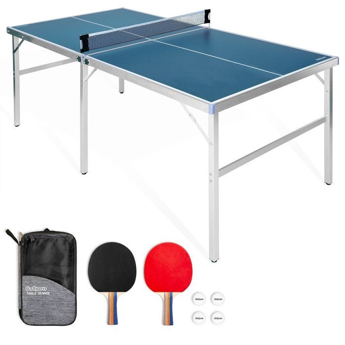 Front view of 6' x 3' Mid-Size Table Tennis Game with paddles and balls Front view of 6' x 3' Mid-Size Table Tennis Game with paddles and balls