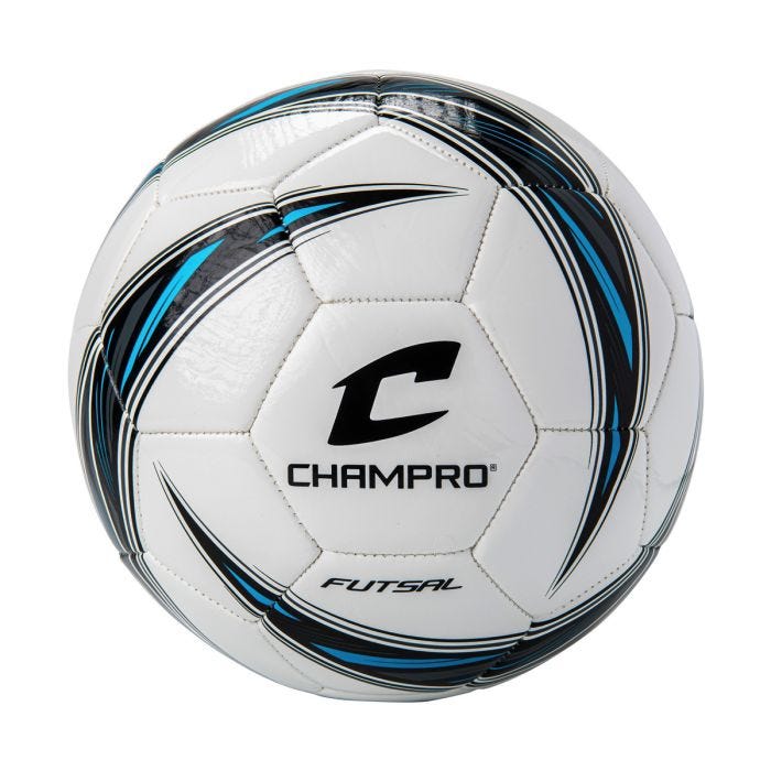 White ball with black and blue trim and stitched hexagonal panels. C Champro Futsal printed in black. White ball with black and blue trim and stitched hexagonal panels. C Champro Futsal printed in black.