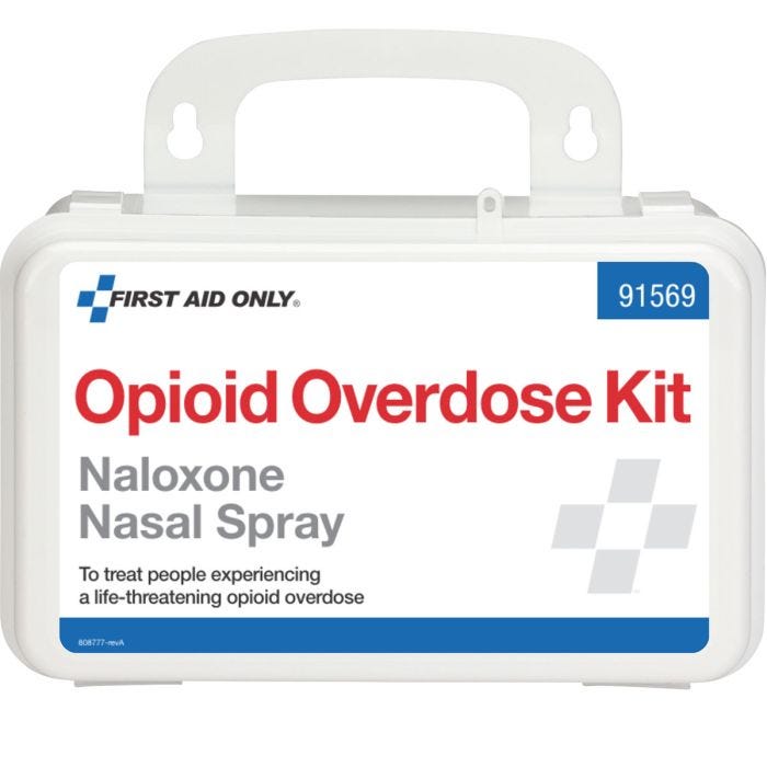 a plastic narcan nasal spray first aid kit. the kit includes two naloxone nasal spray devices; two bzk antiseptic towelettes; two cpr face shields; four nitrile exam gloves; four sterile gauze pads 2x2 a plastic narcan nasal spray first aid kit. the kit includes two naloxone nasal spray devices; two bzk antiseptic towelettes; two cpr face shields; four nitrile exam gloves; four sterile gauze pads 2x2