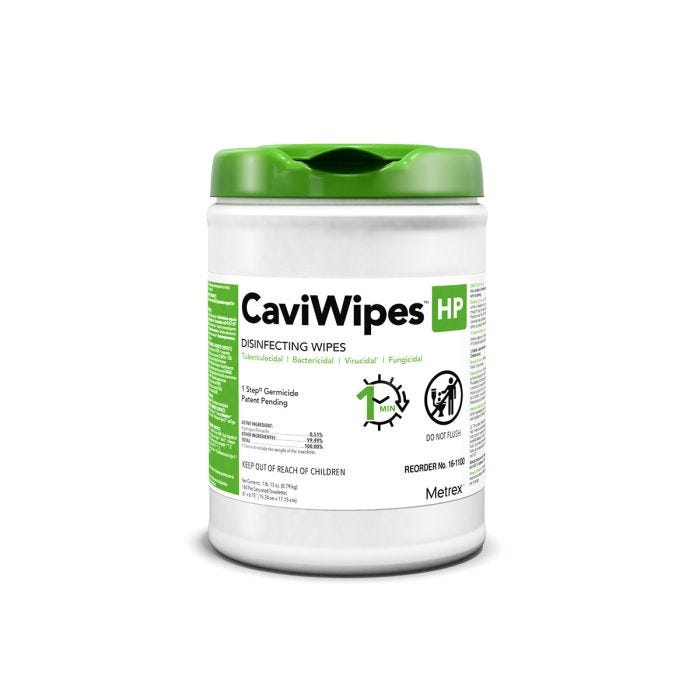 6 inch by 6.75 inch white plastic canister of disinfecting hp caviwipes; 160 wipes 6 inch by 6.75 inch white plastic canister of disinfecting hp caviwipes; 160 wipes