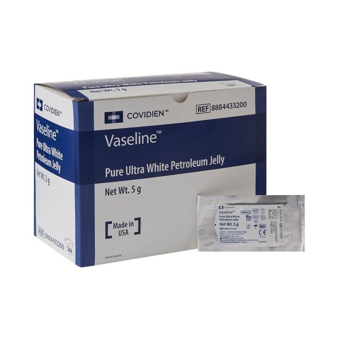 Front view of box of 144 Vaseline White Petroleum Jelly 5g Packet 