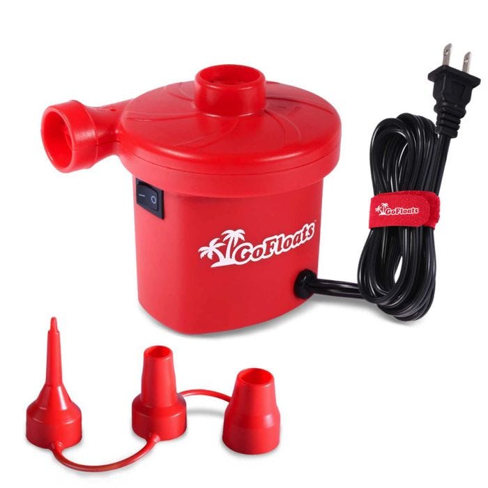 Compact red corded air pump with on/off button. Three inflation adaptors. Compact red corded air pump with on/off button. Three inflation adaptors.