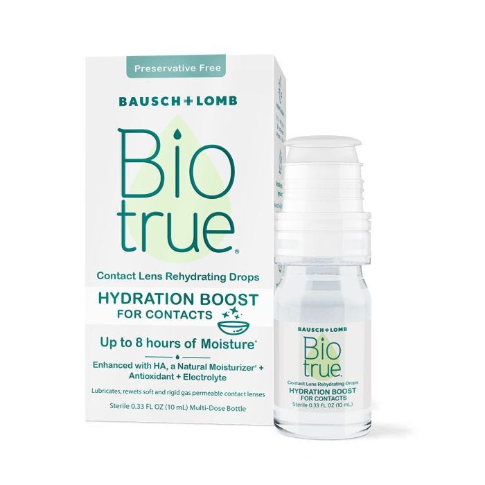 Front view of 0.33 fl oz (10mL) Biotrue® Hydration Boost Contact Lens Rehydrating Drops next to box Front view of 0.33 fl oz (10mL) Biotrue® Hydration Boost Contact Lens Rehydrating Drops next to box