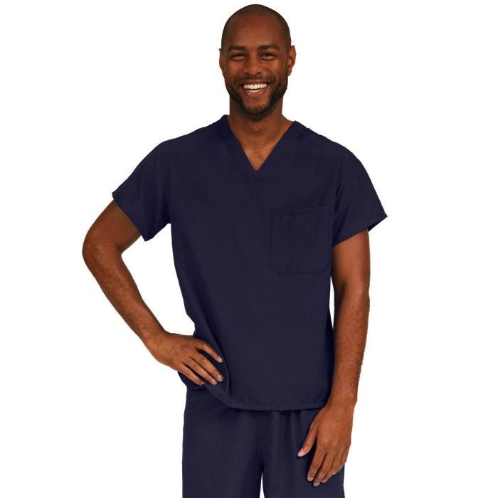 Front view of male model with his right hand on is hip wearing a navy blue scrub top with a v-neck collar. Front view of male model with his right hand on is hip wearing a navy blue scrub top with a v-neck collar.
