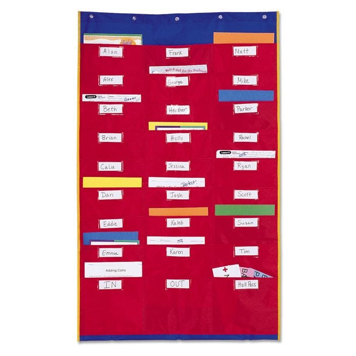 Large red wall chart with 27 pockets; in 9 rows of 3. Blue trim at the top and bottom. Large red wall chart with 27 pockets; in 9 rows of 3. Blue trim at the top and bottom.
