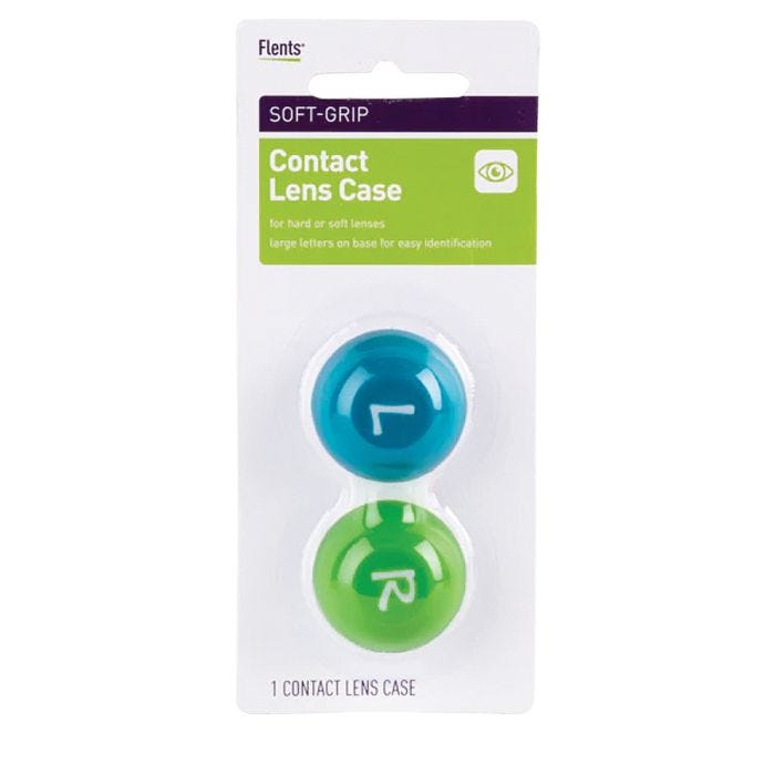 one contact lens soft-grip case for hard or soft lenses with large letters on the base for easy left and right identification one contact lens soft-grip case for hard or soft lenses with large letters on the base for easy left and right identification