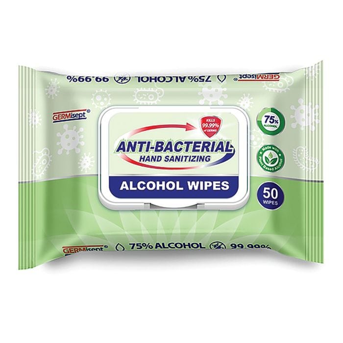 a packet of germisept anti-bacterial hand sanitizing alcohol wipes;50 wipes a packet of germisept anti-bacterial hand sanitizing alcohol wipes;50 wipes