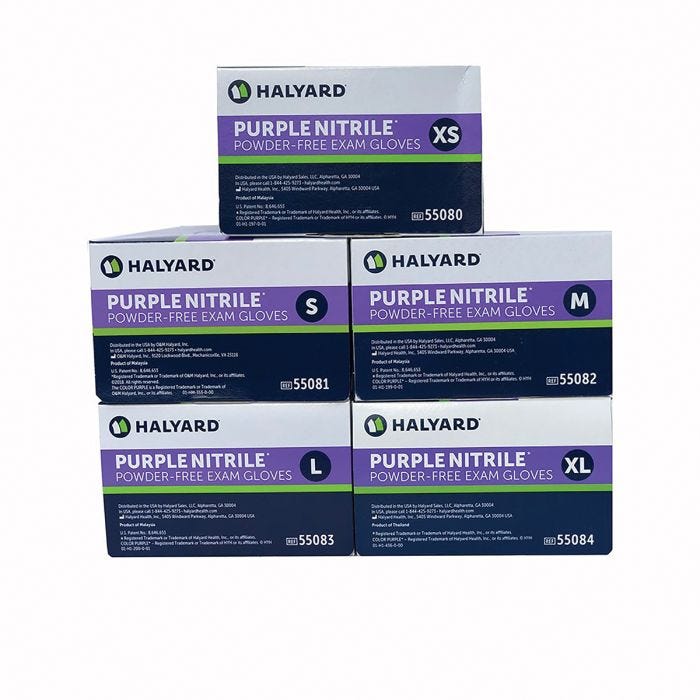 halyard purple nitrile powder-free exam 6mil gloves in sizes extra small; small ; medium; large and extra large halyard purple nitrile powder-free exam 6mil gloves in sizes extra small; small ; medium; large and extra large