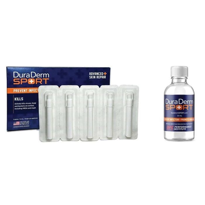 A Duraderm sport glass bottle set neatly; alongside a pack of Duraderm sport sticks displayed on a white background. A Duraderm sport glass bottle set neatly; alongside a pack of Duraderm sport sticks displayed on a white background.