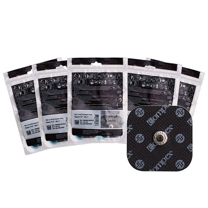 Small image of black; square electrode with Compex written across it with a background of 5 plastic packs the product is enclosed in. The word "5 Pack" is above the product.