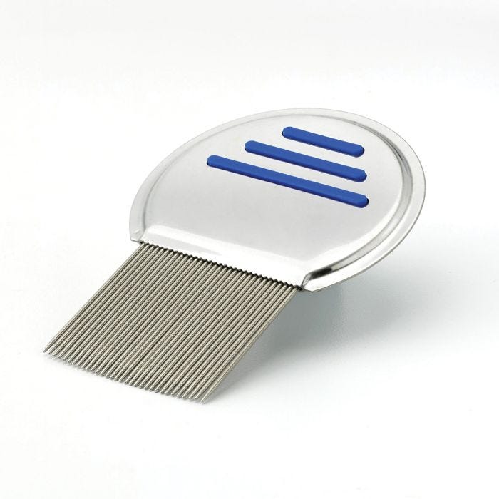 A stainless steel lice comb featuring blue stripes; showcasing a sleek design and a polished finish. A stainless steel lice comb featuring blue stripes; showcasing a sleek design and a polished finish.