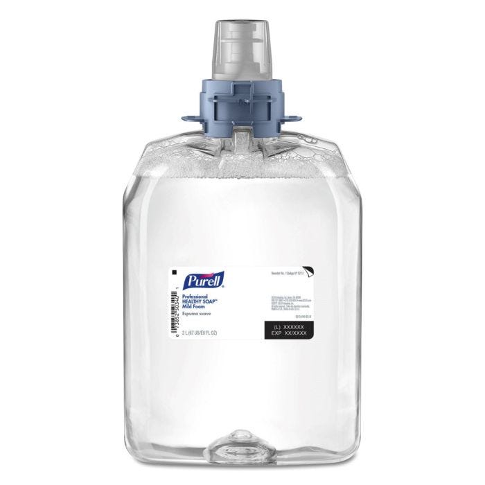 Clear 2L refill bottle of Purell Professional Healthy Soap Mild Foam. Clear 2L refill bottle of Purell Professional Healthy Soap Mild Foam.