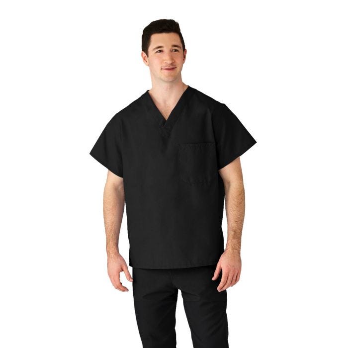 Front view of a model; from the waist up; wearing a black scrub top with a v-neck collar. Front view of a model; from the waist up; wearing a black scrub top with a v-neck collar.