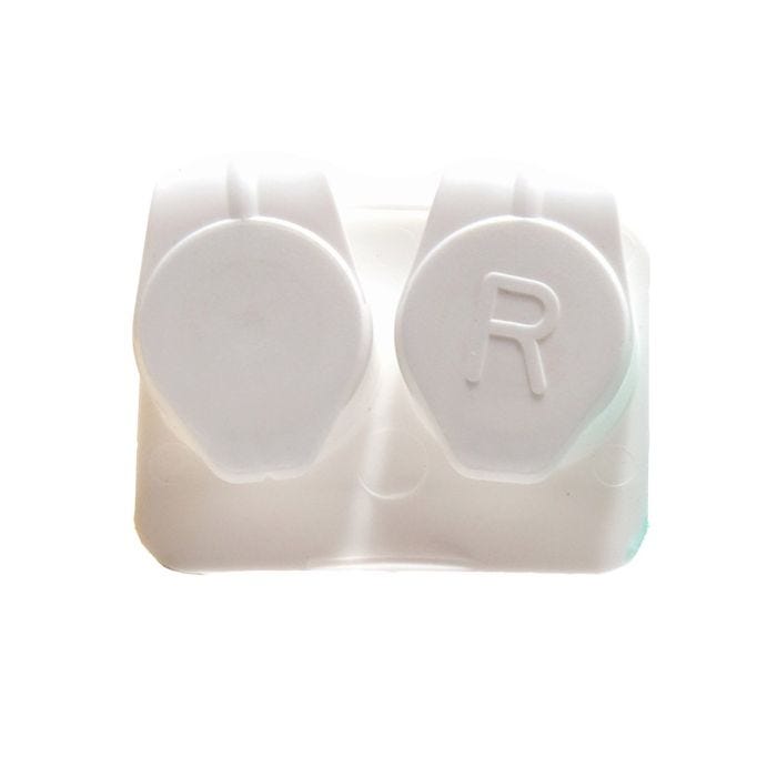 A pair of Eaton Medical White Contact Lens case featuring the letter 'R' on the cover displayed against a white background A pair of Eaton Medical White Contact Lens case featuring the letter 'R' on the cover displayed against a white background