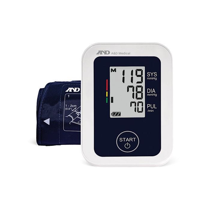 The front view of a navy blue A&D Medical Blood Pressure Monitor with small cuff. The front view of a navy blue A&D Medical Blood Pressure Monitor with small cuff.