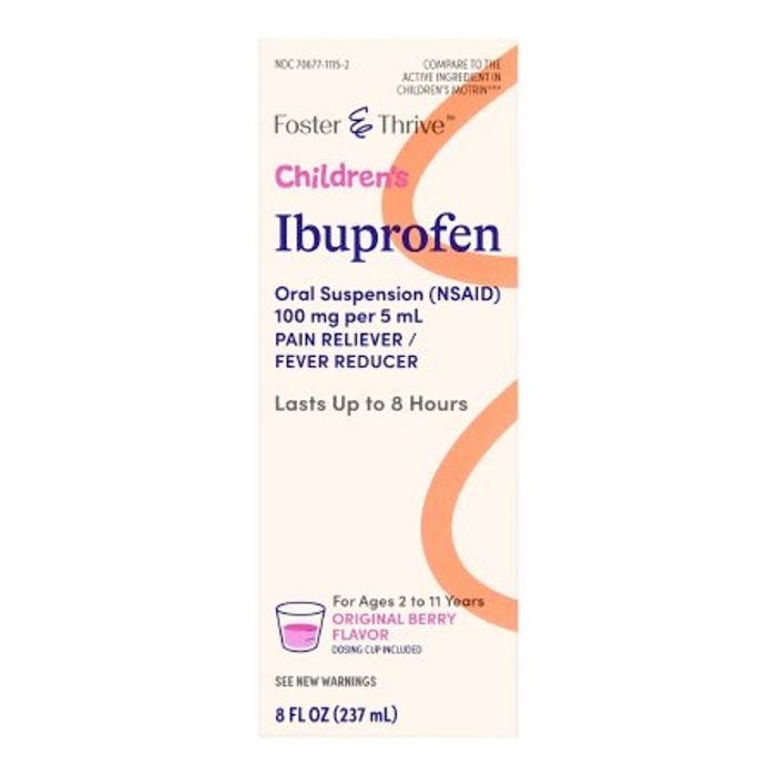 The front view of a box of Children's Pain Relief Foster & Thrive 8 oz.; 100mg; 5mL. The front view of a box of Children's Pain Relief Foster & Thrive 8 oz.; 100mg; 5mL.