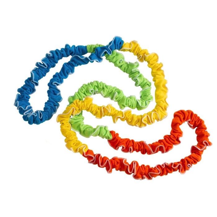 Scrunched up; elastic band with blue; green; yellow and red stretchy fleece fabric. Scrunched up; elastic band with blue; green; yellow and red stretchy fleece fabric.
