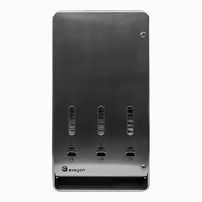 Front view of white metal triple option vending machine for period products. Two compartments are for #4 size pads and one compartment for cartridge tampons. No touch sensors under each option for easy dispensing.