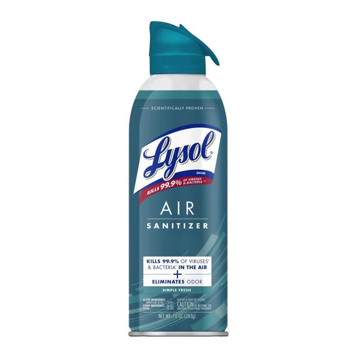The front view of a teal bottle of Lysol Air Sanitizer Simple Fresh 10oz. The front view of a teal bottle of Lysol Air Sanitizer Simple Fresh 10oz.