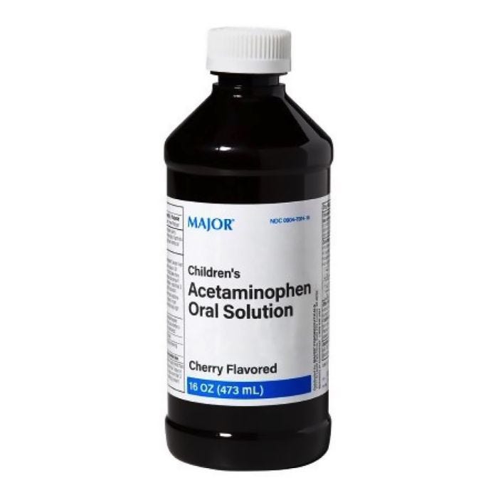 16 oz. brown bottle with white label. Children's Acetaminophen Oral Solution; Cherry Flavored. 16 oz. brown bottle with white label. Children's Acetaminophen Oral Solution; Cherry Flavored.