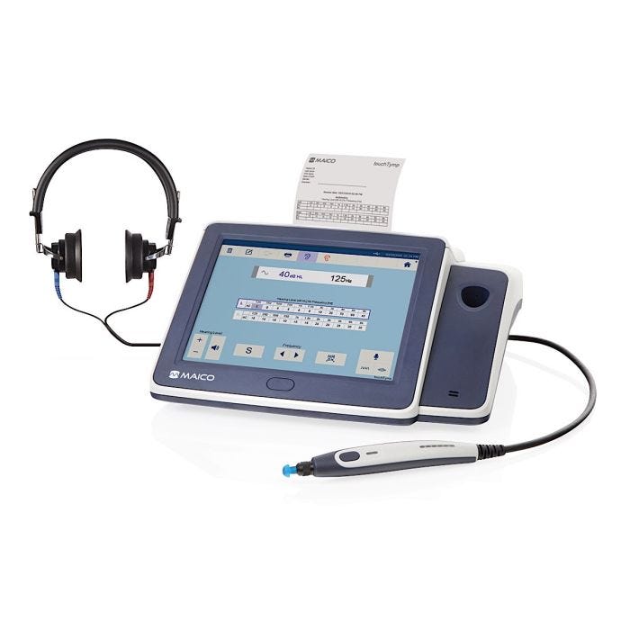 There is a large 10.4” touchscreen display. The probe and cable are white; matching the main unit. There is a headset with one blue wire and one red wire. The image shows printed results from the internal printer. There is a large 10.4” touchscreen display. The probe and cable are white; matching the main unit. There is a headset with one blue wire and one red wire. The image shows printed results from the internal printer.