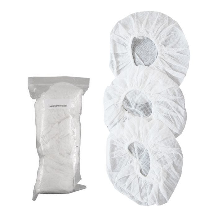 White plastic packet filled with ear cushion covers. Three white ear cushion covers seen up close. White plastic packet filled with ear cushion covers. Three white ear cushion covers seen up close.