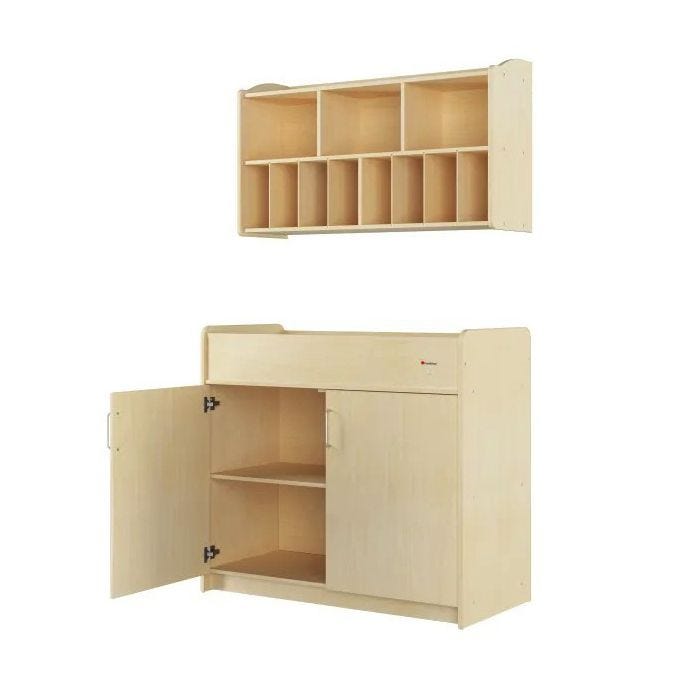 Almond colored changing table and wall mounted diaper organizer. Almond colored changing table and wall mounted diaper organizer.