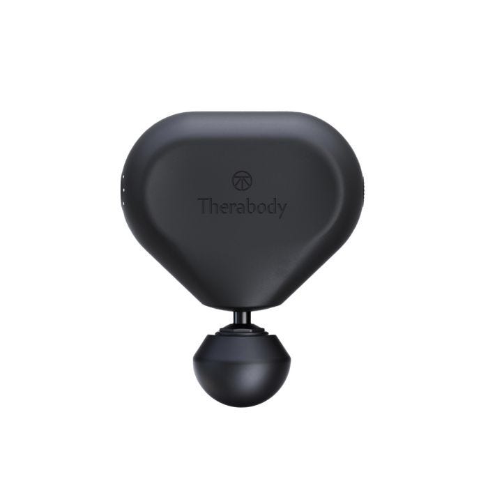 Black Handheld Massage Device: Triangular-shaped with rounded edges; featuring the "Therabody" brand name and a spherical attachment at the bottom. Black Handheld Massage Device: Triangular-shaped with rounded edges; featuring the "Therabody" brand name and a spherical attachment at the bottom.