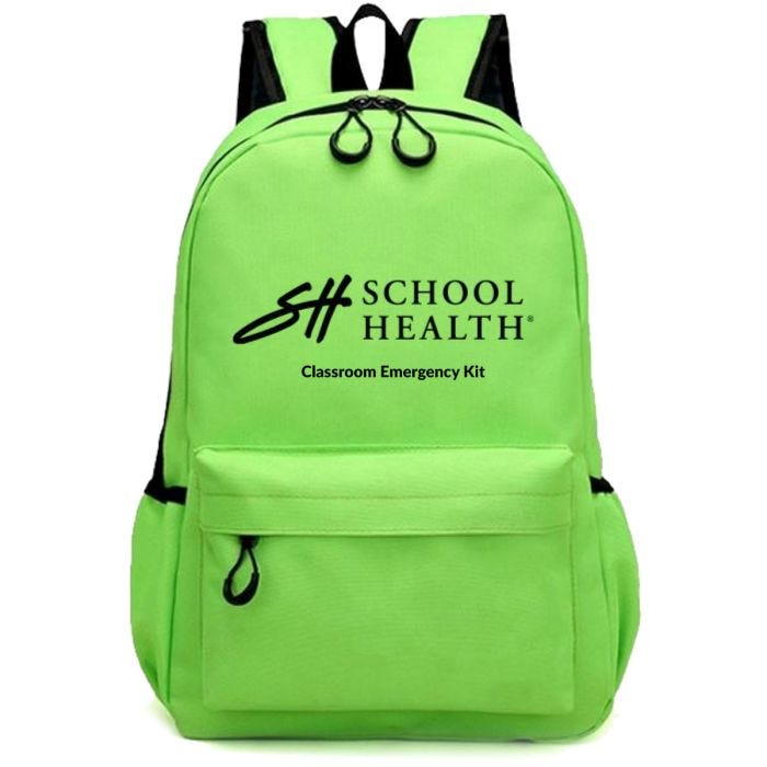 Green colored backpack that has the School Health logo and words Classroom Emergency Kit on the front.