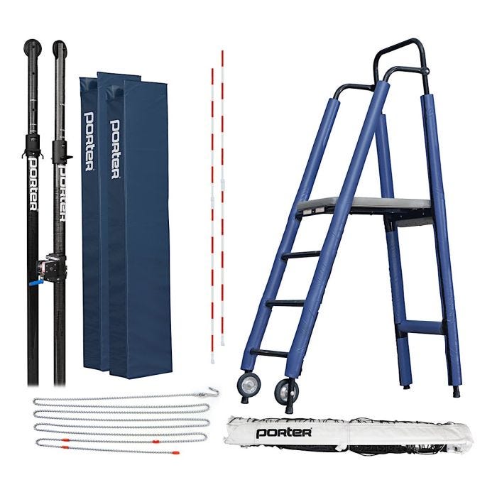 A complete volleyball net system set including carbon fiber poles; net padding; antennae; a referee stand; a net tensioning system; and storage pads with the "Porter" brand logo. A complete volleyball net system set including carbon fiber poles; net padding; antennae; a referee stand; a net tensioning system; and storage pads with the "Porter" brand logo.