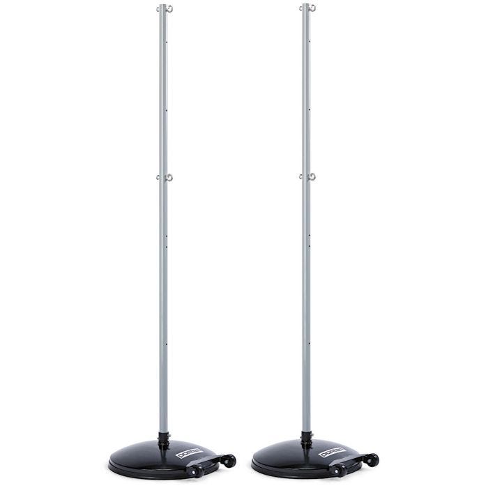 A pair of freestanding Porter volleyball poles with weighted black bases and built-in wheels for easy mobility. The silver poles have multiple attachment points for net height adjustments. A pair of freestanding Porter volleyball poles with weighted black bases and built-in wheels for easy mobility. The silver poles have multiple attachment points for net height adjustments.