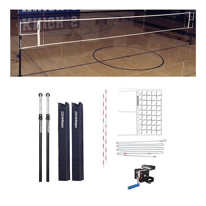 A complete Porter volleyball net system displayed in two sections. The top half shows the assembled volleyball net set up in a gymnasium with a polished wooden floor, court lines, and overhead lighting. A complete Porter volleyball net system displayed in two sections. The top half shows the assembled volleyball net set up in a gymnasium with a polished wooden floor, court lines, and overhead lighting.