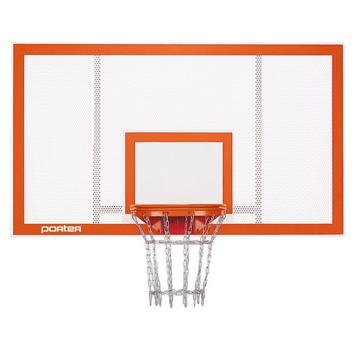 A Porter rectangular perforated steel basketball backboard with an orange border and white playing area. A Porter rectangular perforated steel basketball backboard with an orange border and white playing area.