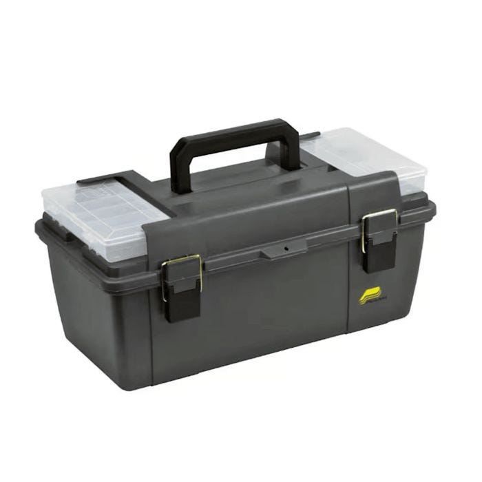 A black 20” plastic toolbox with a top handle. The toolbox has two metal latches in the front and a small yellow logo on the bottom right corner. The lid of the toolbox is transparent; revealing compartments inside A black 20” plastic toolbox with a top handle. The toolbox has two metal latches in the front and a small yellow logo on the bottom right corner. The lid of the toolbox is transparent; revealing compartments inside