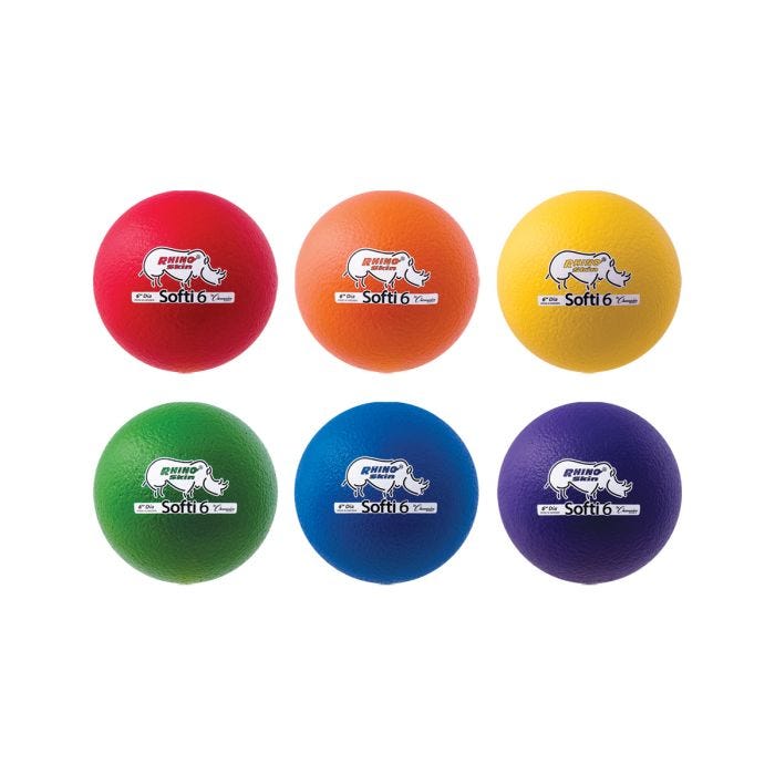 Set of six 6-inch foam balls in red; orange; yellow; green; blue; and purple; each labeled with the Rhino Skin Softi logo and size marking. Set of six 6-inch foam balls in red; orange; yellow; green; blue; and purple; each labeled with the Rhino Skin Softi logo and size marking.