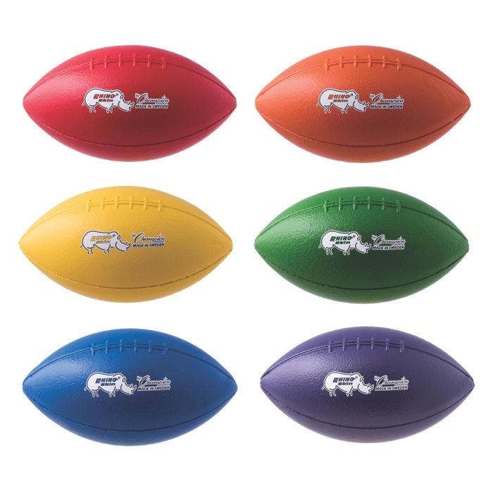 Set of six foam footballs in red; orange; yellow; green; blue; and purple; each with Rhino Skin and Champion Sports logos. Set of six foam footballs in red; orange; yellow; green; blue; and purple; each with Rhino Skin and Champion Sports logos.