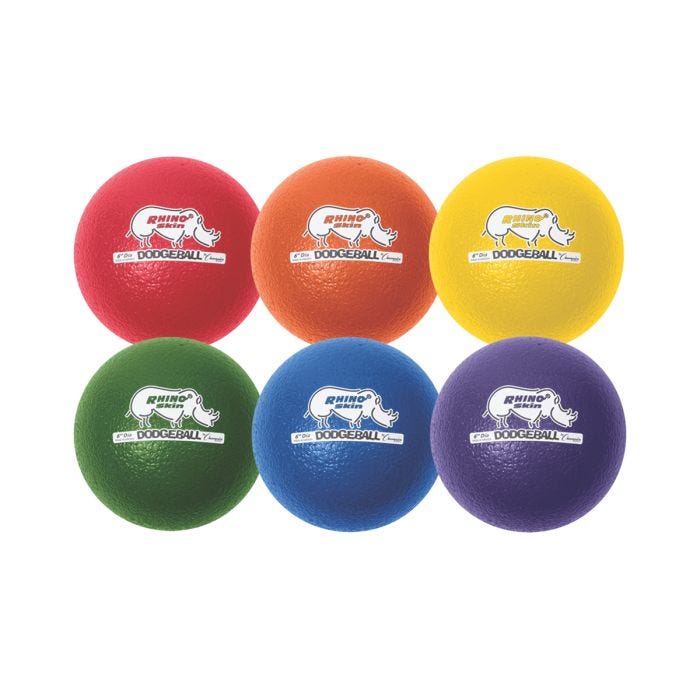 Set of six 6-inch Rhino Skin dodgeballs in assorted colors—red; orange; yellow; green; blue; and purple—each ball featuring a Rhino Skin Dodgeball logo. Set of six 6-inch Rhino Skin dodgeballs in assorted colors—red; orange; yellow; green; blue; and purple—each ball featuring a Rhino Skin Dodgeball logo.