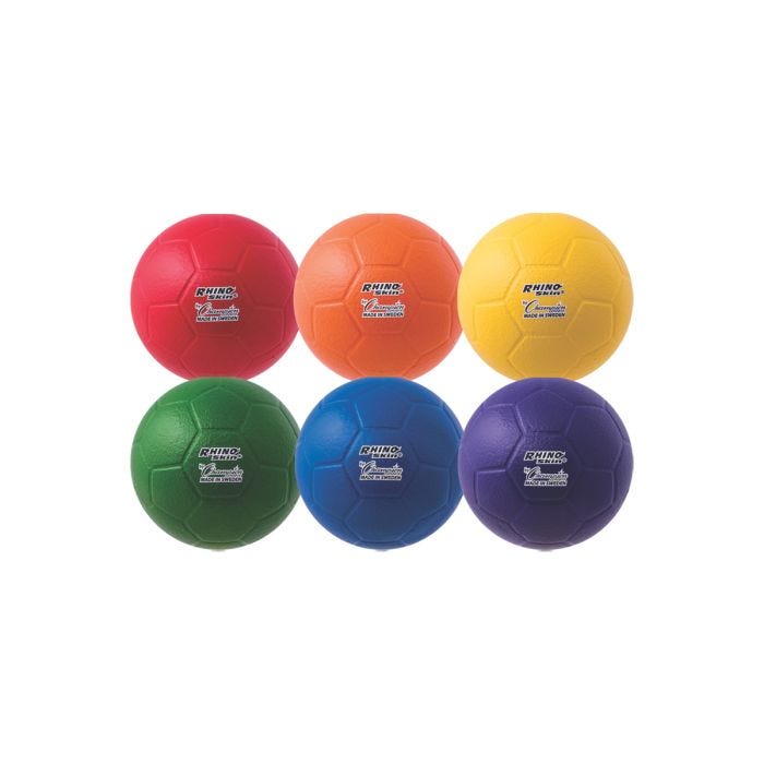 Set of six Rhino Skin foam soccer balls in assorted colors—red; orange; yellow; green; blue; and purple—with textured panels and logos. Set of six Rhino Skin foam soccer balls in assorted colors—red; orange; yellow; green; blue; and purple—with textured panels and logos.