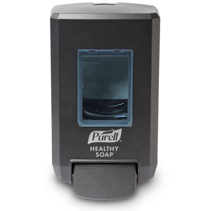 Front-facing dark graphite dispenser with sight window & lever; Purell logo in white Front-facing dark graphite dispenser with sight window & lever; Purell logo in white