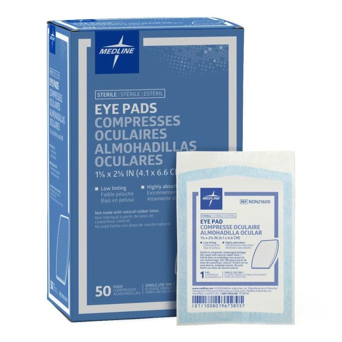 Blue box with white individual wrapped eye pad Blue box with white individual wrapped eye pad