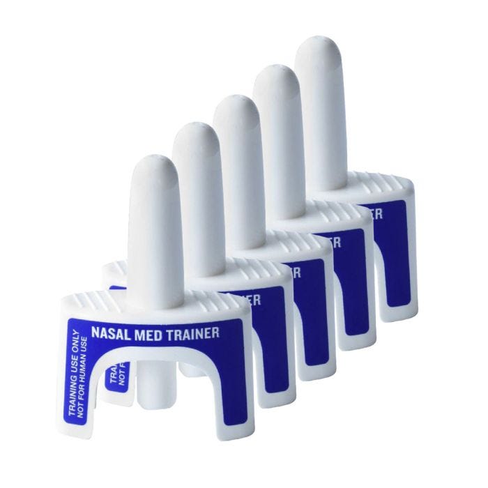 Front view white and blue WorldPoint Nasal Med Trainer; 5 pack (training use only) Front view white and blue WorldPoint Nasal Med Trainer; 5 pack (training use only)
