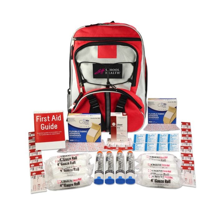 Red & grey backpack with School Health logo on black patch. First aid supplies laid out in front of backpack. Red & grey backpack with School Health logo on black patch. First aid supplies laid out in front of backpack.