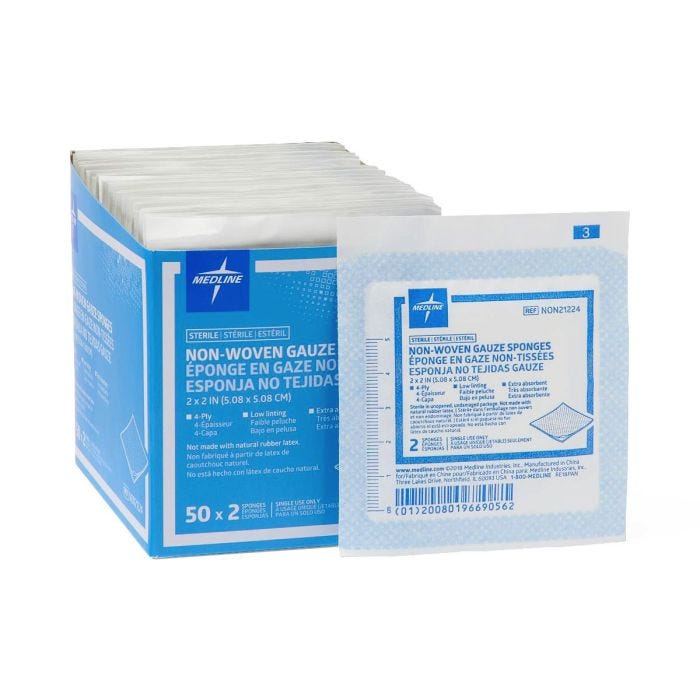 SKU 1048814 Front View of Medline Sterile 4-ply Nonwoven Gauze Sponge 2" x 2" Pack SKU 1048814 Front View of Medline Sterile 4-ply Nonwoven Gauze Sponge 2" x 2" Pack